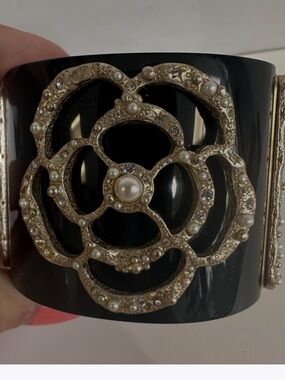 CHANEL Black and Gold Pearl-Embellished Cuff Bracelet